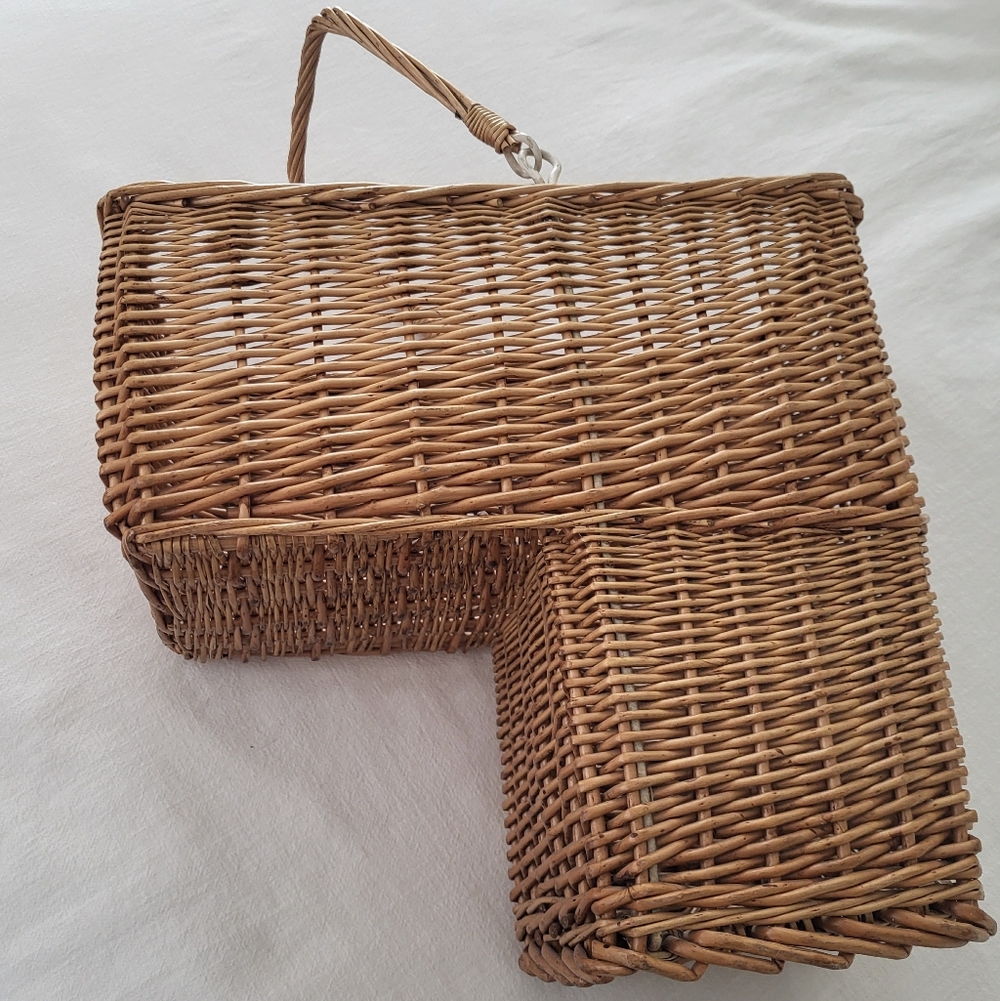 Vintage Wicker / Rattan Stair Basket With Movable Handle